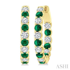 2.5 MM Emerald and 1 Ctw Round Cut Inside-Out Diamond Precious Hoop Earrings in 14K Yellow Gold