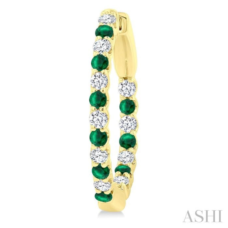1.8 MM Emerald and 1/2 Ctw Round Cut Inside-Out Diamond Precious Hoop Earrings in 14K Yellow Gold