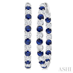 2.9 MM Round Sapphire and 2 5/8 Ctw Round Cut Diamond Inside & Outside Alternating Precious Hoop Earrings in 14K White Gold