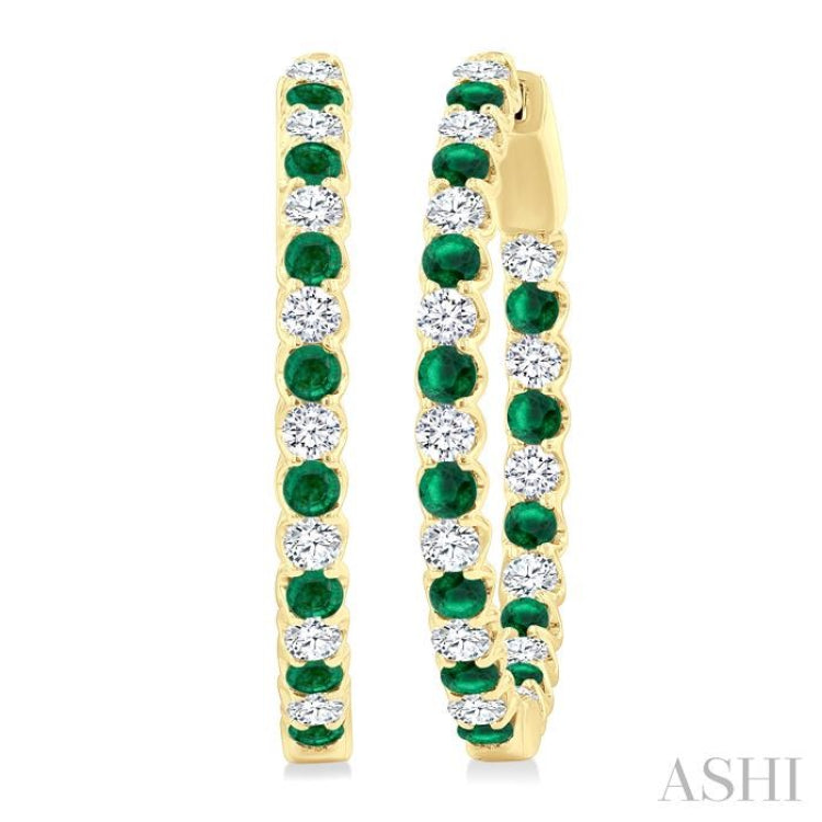 2.1 MM Round Emerald and 1 Ctw Round Cut Diamond Inside & Outside Alternating Precious Hoop Earrings in 14K Yellow Gold