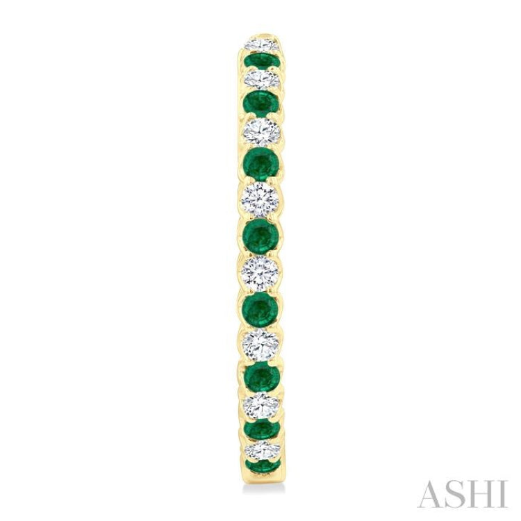 2.1 MM Round Emerald and 1 Ctw Round Cut Diamond Inside & Outside Alternating Precious Hoop Earrings in 14K Yellow Gold