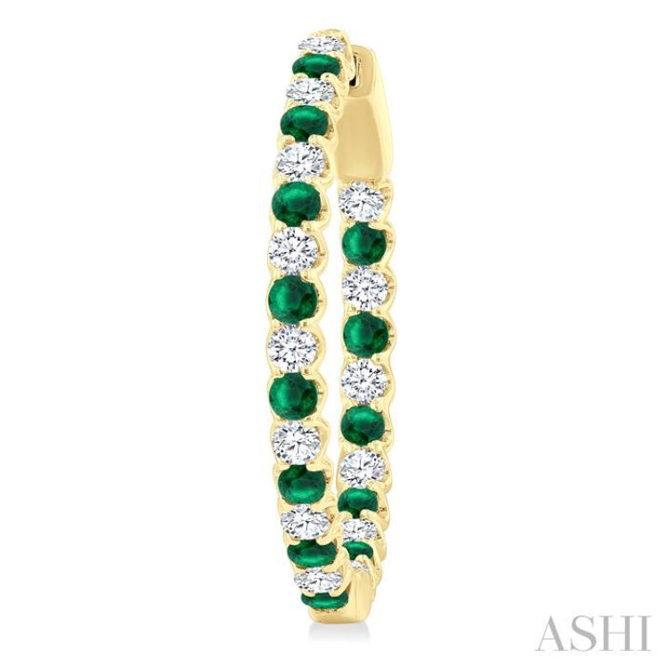2.1 MM Round Emerald and 1 Ctw Round Cut Diamond Inside & Outside Alternating Precious Hoop Earrings in 14K Yellow Gold