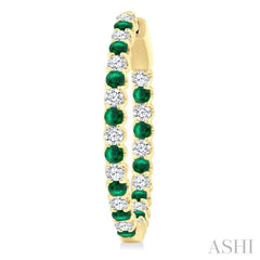 2.1 MM Round Emerald and 1 Ctw Round Cut Diamond Inside & Outside Alternating Precious Hoop Earrings in 14K Yellow Gold