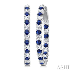 2.1 MM Round Sapphire and 1 Ctw Round Cut Diamond Inside & Outside Alternating Precious Hoop Earrings in 14K White Gold