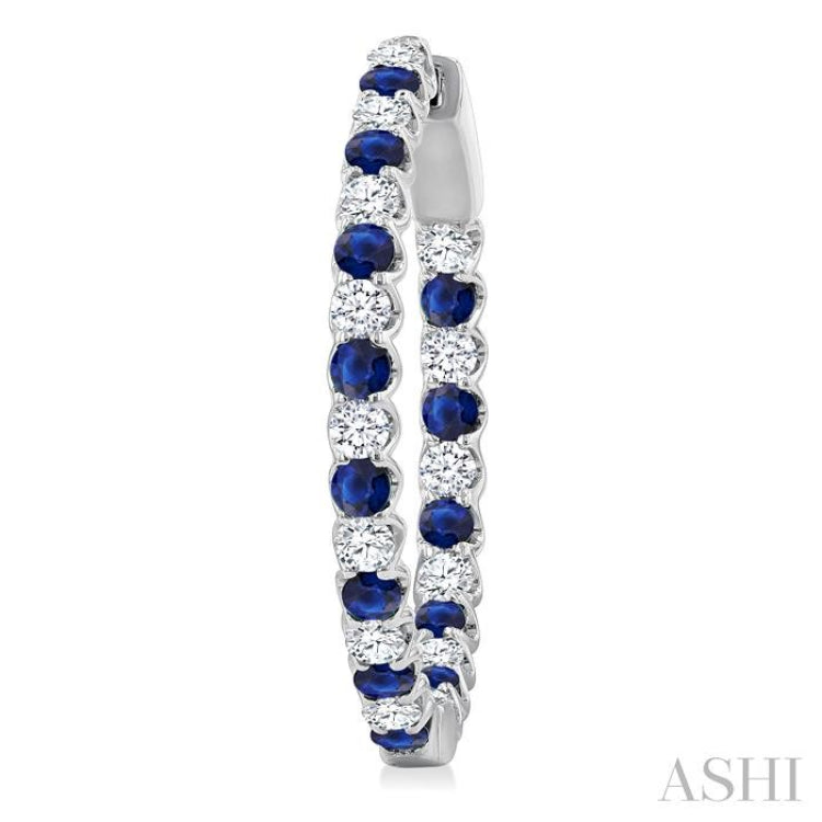 2.1 MM Round Sapphire and 1 Ctw Round Cut Diamond Inside & Outside Alternating Precious Hoop Earrings in 14K White Gold
