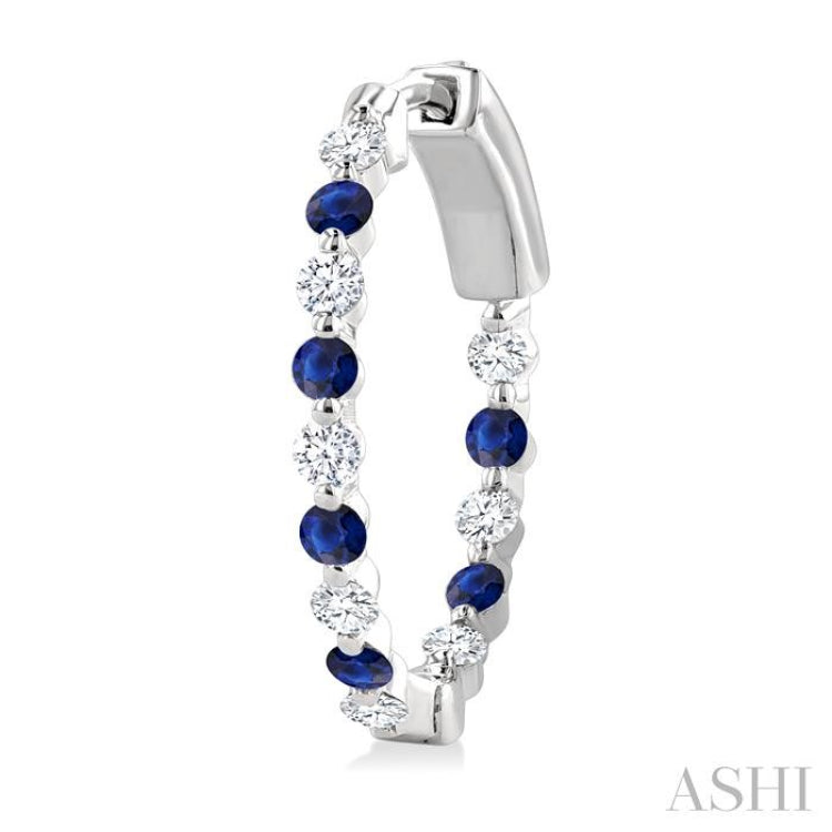 2 MM Round Cut Sapphire and 1/2 Ctw Round Cut Diamond Precious Inside-Out Alternating Hoop Earrings in 14K White Gold