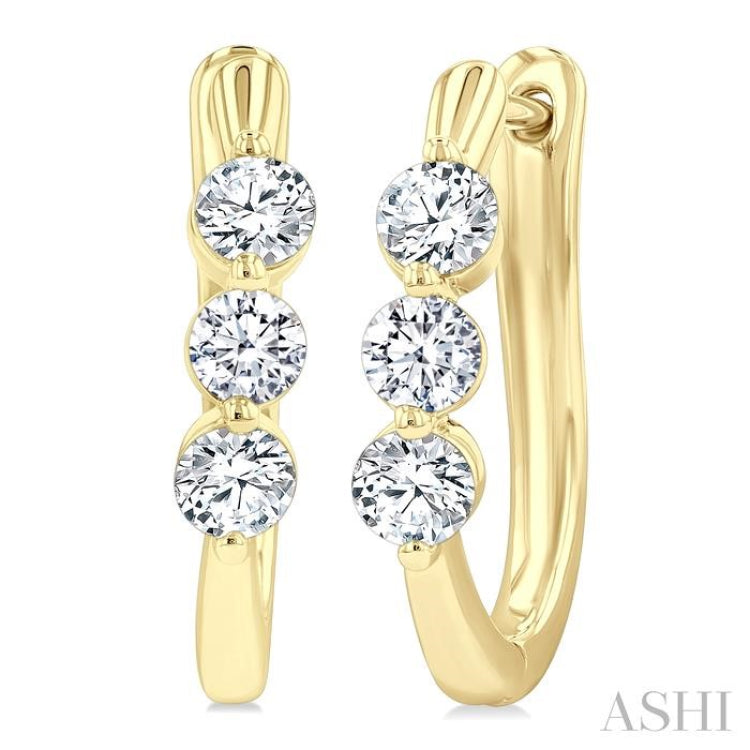 3/4 Ctw 3-Stone Round Cut Diamond Fashion Hoop Earring in 14K Yellow Gold