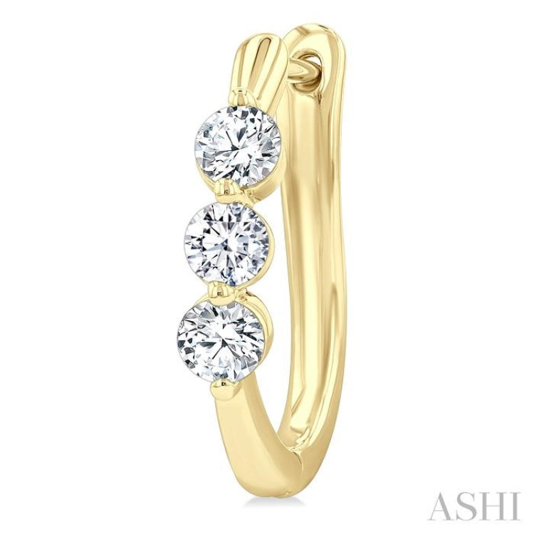 3/4 Ctw 3-Stone Round Cut Diamond Fashion Hoop Earring in 14K Yellow Gold
