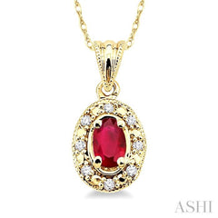 5x3 MM Oval Shape Ruby and 1/20 Ctw Single Cut Diamond Pendant in 10K Yellow Gold with Chain