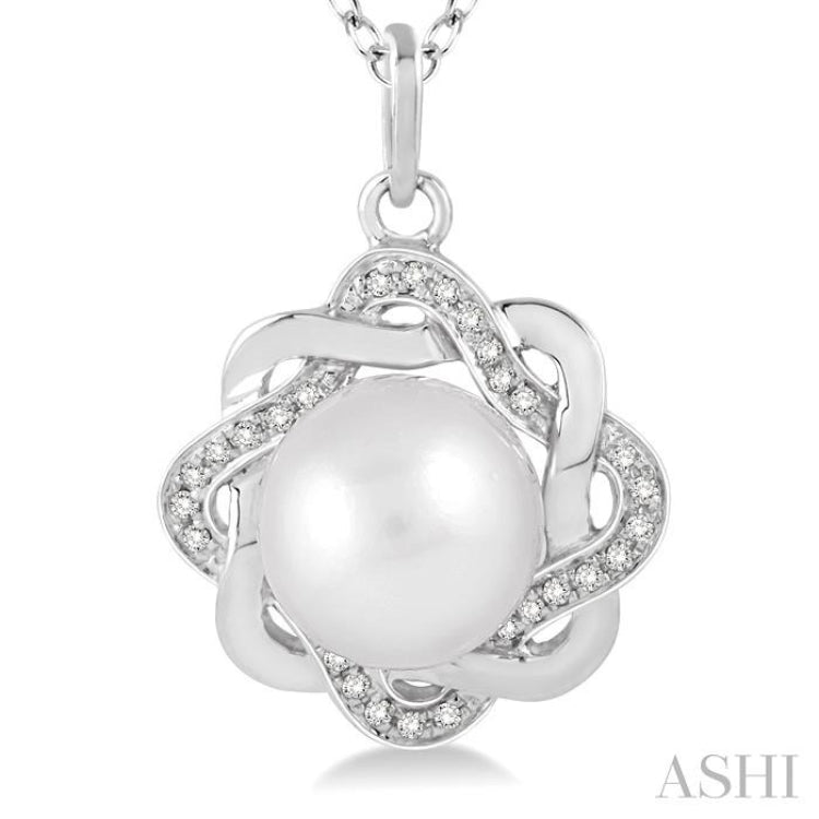 6.5x6.5 MM Round Shape Cultured Pearl and 1/10 Ctw Round Cut Diamond Pendant in Sterling Silver with Chain
