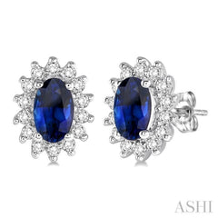 5x3 MM Oval Cut Center Sapphire and 1/5 Ctw Round Cut Diamond Sunflower Precious Earrings in 10K White Gold
