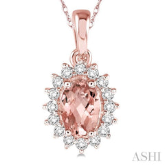 6x4 MM Oval Cut Morganite Center Sunflower and 1/8 Ctw Round Cut Diamond Semi-Precious Pendant in 10K Rose Gold with chain