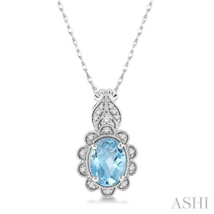 8x6 MM Floral Oval Cut Aquamarine and 1/10 Ctw Round Cut Diamond Semi-Precious Pendant With Chain in 10K White Gold