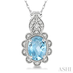 8x6 MM Floral Oval Cut Aquamarine and 1/10 Ctw Round Cut Diamond Semi-Precious Pendant With Chain in 10K White Gold