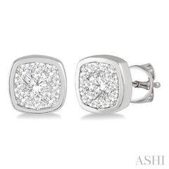 1/3 Ctw Cushion Shape Round Cut Diamond Lovebright Bezel Stud Earring in 14K White Gold