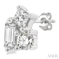 1/6 Ctw Petite Tri-Stone Scatter Princess, Baguette & Round Cut Diamond Fashion Stud Earring in 10K White Gold