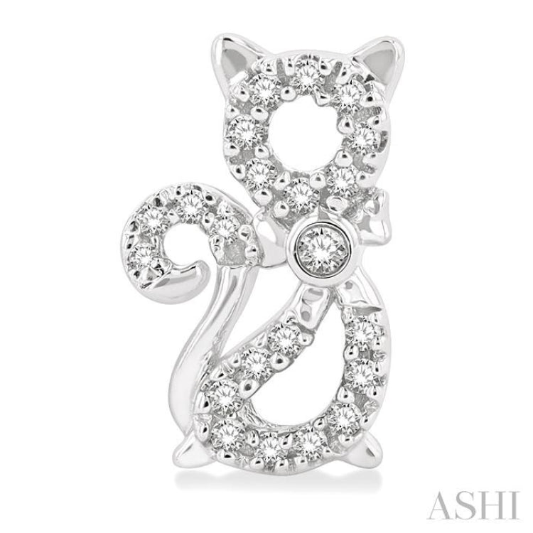 1/8 Ctw Petite Cat Motif Round Cut Diamond Fashion Stud Earring in 10K White Gold