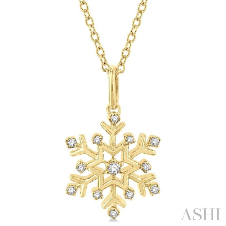 1/10 Ctw Petite Snowflake Round Cut Diamond Fashion Pendant With Chain in 10K Yellow Gold