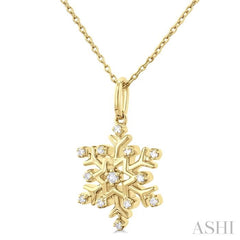 1/10 Ctw Petite Snowflake Round Cut Diamond Fashion Pendant With Chain in 10K Yellow Gold