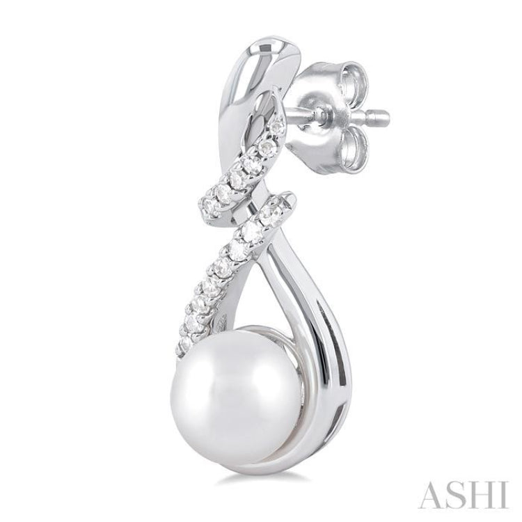 6 MM Round Shape Cultured Pearl and 1/6 Ctw Swirl Top Round Cut Diamond Fashion Earring in 10K White Gold