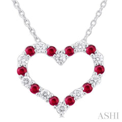 1.4 MM Round Cut Ruby and 1/8 Ctw Open Heart Round Cut Diamond Precious Fashion Pendant With Chain in 14K White Gold