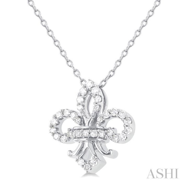 1/6 Ctw Petite Fleur De Lis Round Cut Diamond Fashion Pendant With Chain in 10K White Gold