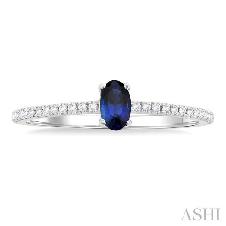 5x3 MM Oval Cut Sapphire and 1/10 Ctw Petite Round Cut Diamond Precious Fashion Ring in 10K White Gold