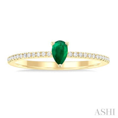 5x3 MM Pear Cut Emerald and 1/10 Ctw Petite Round Cut Diamond Precious Fashion Ring in 10K Yellow Gold