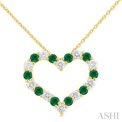 2.3 MM Round Cut Emerald and 1/2 Ctw Open Heart Round Cut Diamond Precious Fashion Pendant With Chain in 14K Yellow Gold