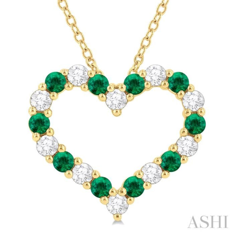 2.3 MM Round Cut Emerald and 1/2 Ctw Open Heart Round Cut Diamond Precious Fashion Pendant With Chain in 14K Yellow Gold