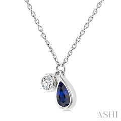 5x3 MM Pear Cut Sapphire and 1/50 Ctw Bezel Set Round Cut Diamond Precious Pendant With Chain in 10K White Gold