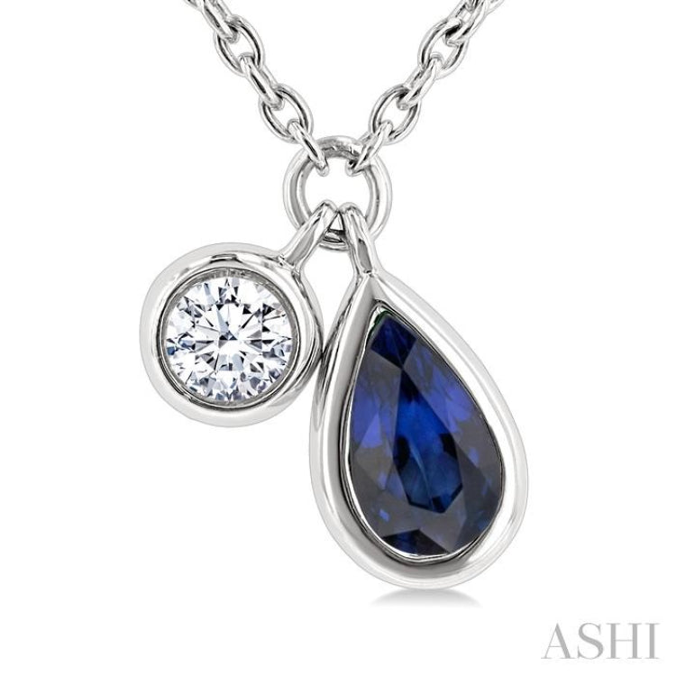 5x3 MM Pear Cut Sapphire and 1/50 Ctw Bezel Set Round Cut Diamond Precious Pendant With Chain in 10K White Gold