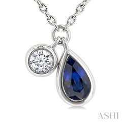 5x3 MM Pear Cut Sapphire and 1/50 Ctw Bezel Set Round Cut Diamond Precious Pendant With Chain in 10K White Gold