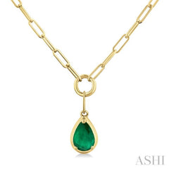 6x4 MM Pear Cut Emerald Solitaire Precious Paperclip Pendant With Chain in 14K Yellow Gold