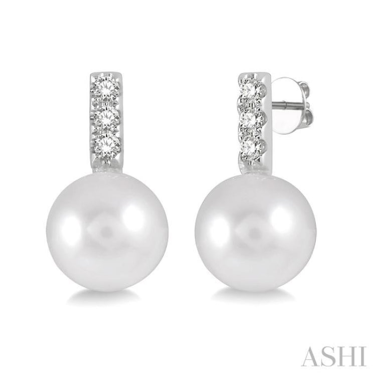 7 MM Cultured Pearls and 1/10 Ctw Round Cut Diamond Earrings in 14K White Gold