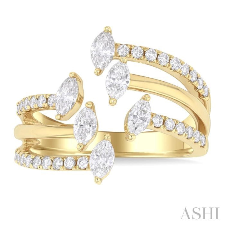 7/8 Ctw Three-Way Split Marquise and Round Cut Diamond Fashion Open Ring in 14K Yellow Gold