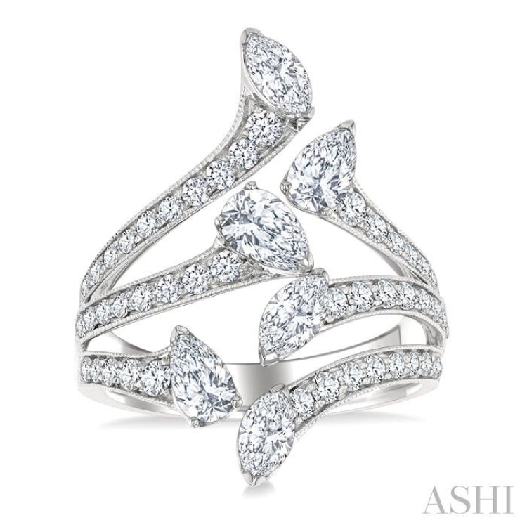 2 1/4 Ctw Bypass Three-Way Split Marquise, Pear and Round Cut Diamond Fashion Open Ring in 14K White Gold