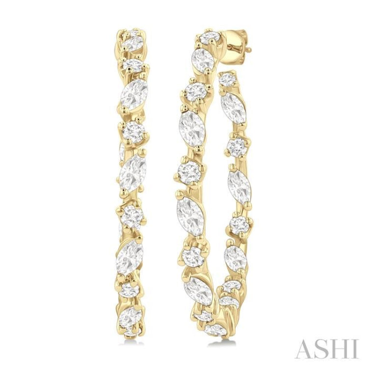 1 1/6 Ctw Inside & Outside Marquise and Round Cut Diamond Fashion Open Hoop Earrings in 14K Yellow Gold