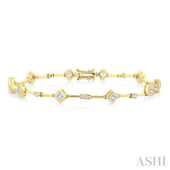 1 1/3 Ctw Bezel Set Princess and Round Cut Diamond Bar Link Bracelet in 14K Yellow Gold