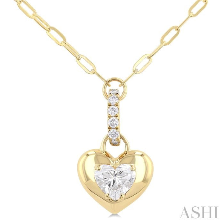 1/4 Ctw Dome Heart and Round Cut Diamond Fashion Pendant With Paper Clip Chain in 14K Yellow Gold