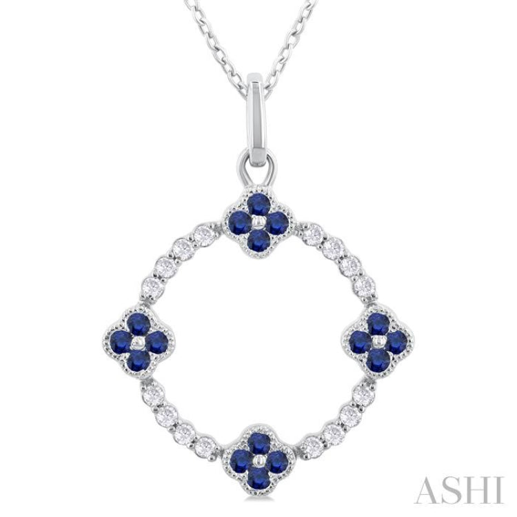 1.25 MM Clover Circle Sapphire and 1/8 Ctw Round Cut Diamond Precious Pendant With Chain in 10K White Gold