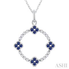 1.25 MM Clover Circle Sapphire and 1/8 Ctw Round Cut Diamond Precious Pendant With Chain in 10K White Gold