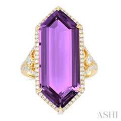 26x10 MM Hexagon Shape Amethyst and 1/2 Ctw Round Cut Diamond Halo Semi-Precious Ring in 14K Yellow Gold
