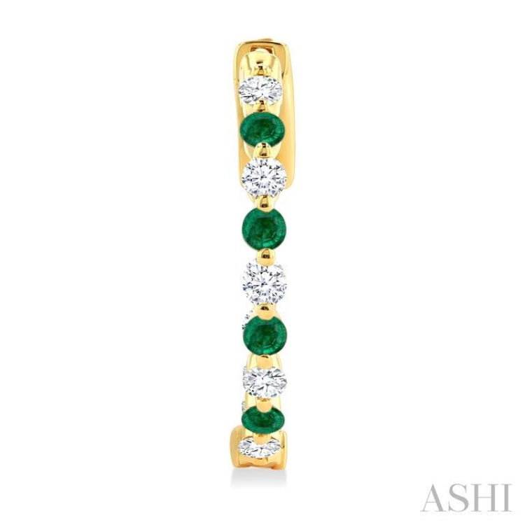 2 MM Round Cut Emerald and 1/2 Ctw Round Cut Diamond Precious Inside-Out Alternating Hoop Earrings in 14K Yellow Gold