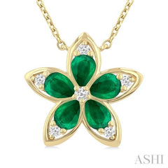 4x3 MM Pear Cut Emerald and 1/20 Ctw Round Cut Diamond Floral Motif Pendant With Chain in 14K Yellow Gold