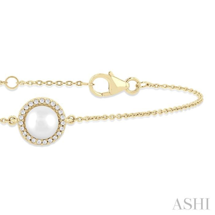 6 MM Round Shape Cultured Pearl and 1/20 Ctw Round Cut Diamond Petite Halo Bracelet in 10K Yellow Gold