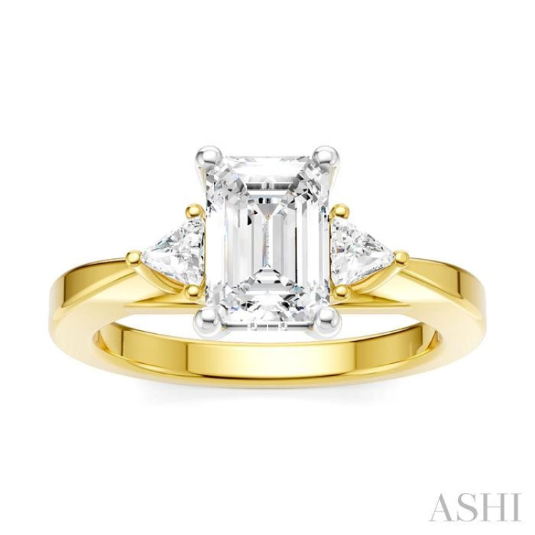 1/4 Ctw Emerald Shape Trillion and Round Cut Diamond Semi-Mount Engagement Ring in 14K Yellow and White Gold