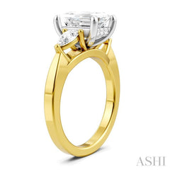 1/2 Ctw Tri-Mount Emerald Shape Center Pear and Round Cut Diamond Semi-Mount Engagement Ring in 14K Yellow and White Gold