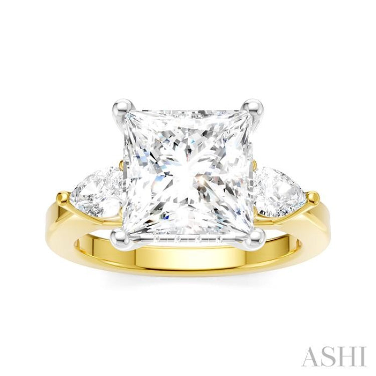 1/2 Ctw Tri-Mount Princess Shape Center Pear and Round Cut Diamond Semi-Mount Engagement Ring in 14K Yellow and White Gold