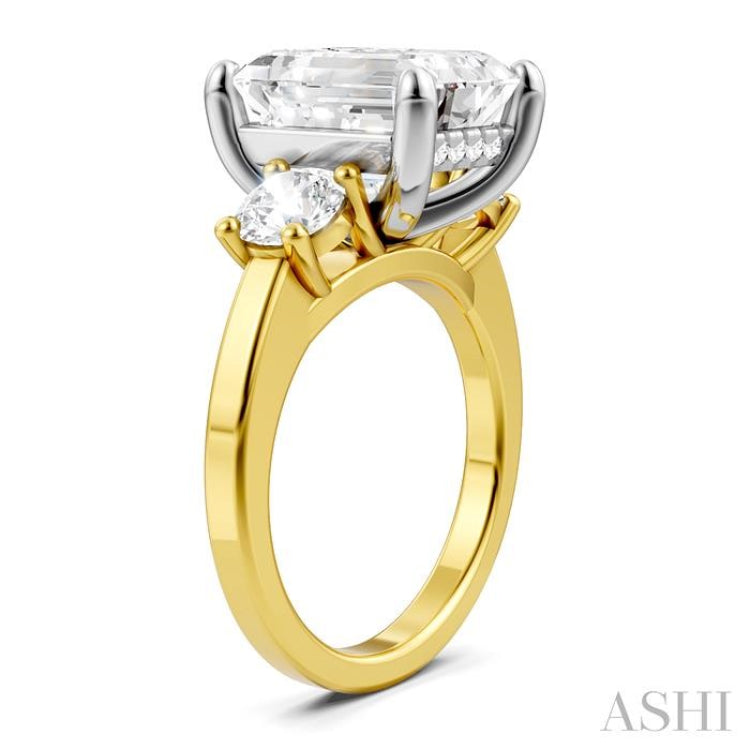 1 1/10 Ctw Tri-Mount Emerald Shape Center Round Cut Diamond Semi-Mount Engagement Ring in 14K Yellow and White Gold